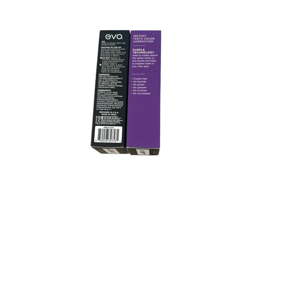 2 Evo Purple Toothpaste Instant Color Correction Peppermint Flouride Free  3.5oz